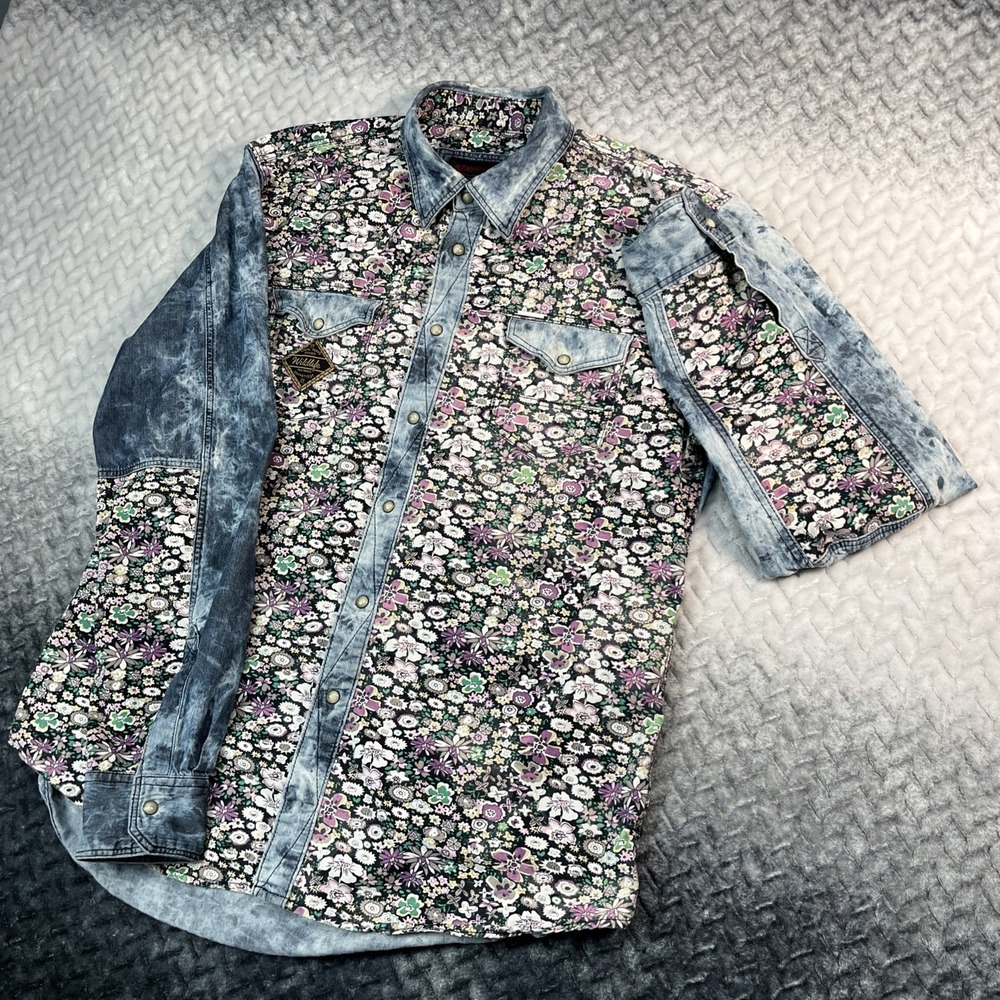 Winchester Premium Pearl Snap Shirt Men's L Western Floral Print Denim Retro L/S - Picture 2 of 12
